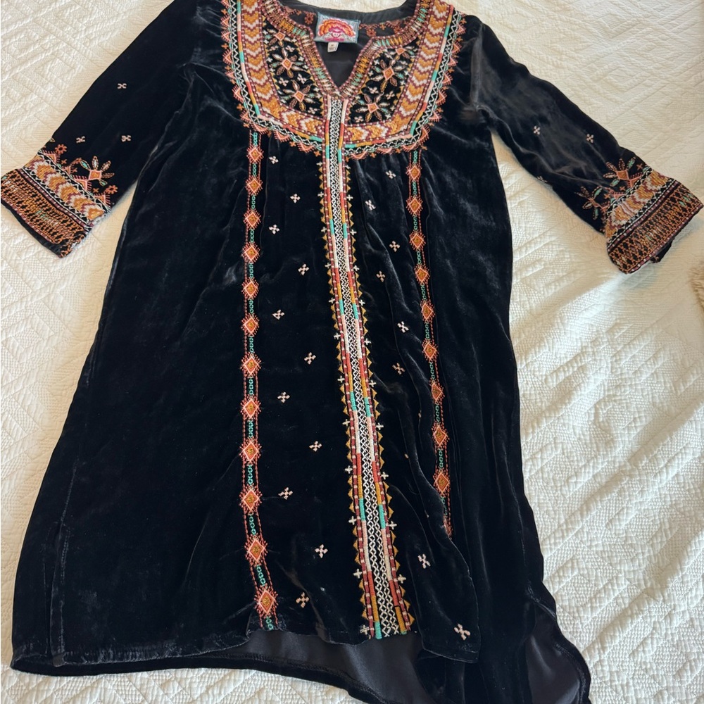 Johnny Was Velvet Black Dress with Colorful Embroidery
